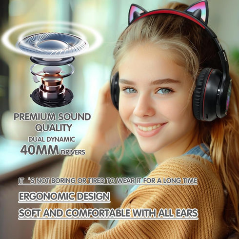 Headphones Cat Ear Wireless Bluetooth 5.3 60H Over Ear, 8H with Led Light Foldable Music Gaming Headset with Aux 3.5mm Mic for Game Pad Tablet Lap...