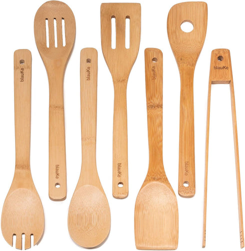 Wooden Spoons for Cooking 7-Pack – Bamboo Kitchen Utensils Set for Nonstick Cookware - Wooden Cooking Utensils Set, Wood Spatula Spoon Tongs...