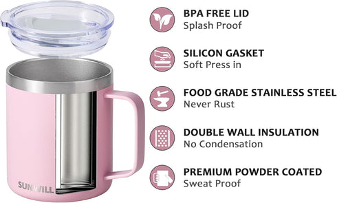 SUNWILL Insulated Coffee Mug with Lid, Travel Tumbler Reusable, 14 oz Stainless Steel Cup for Camping, Office, Home, Powder Coated Sakura...