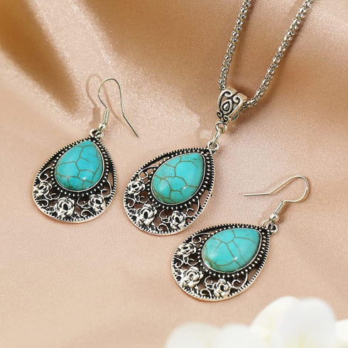 Boho Turquoise Jewelry with Dangle Earrings and Turquoise Necklace for Women Trendy, Handmade Bohemian Western Chunky Necklaces and Statement Earr...