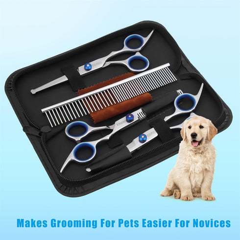 GEMEK Professional Grooming Scissors for Dogs with Safety Round Tips, Dog Grooming Scissors Set - Thinning, Straight, Curved Shears and Comb for L...