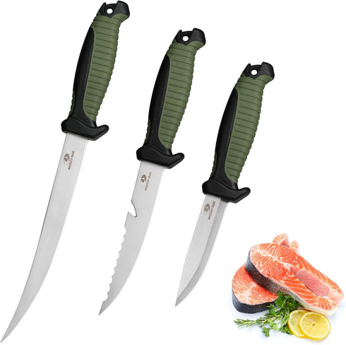 Mossy Oak 3-Piece Fishing Fillet Knife Set with Protective Sheath, Stainless Steel Filet Knives with Non-Slip Handle, Bait Knife for Filleting and...