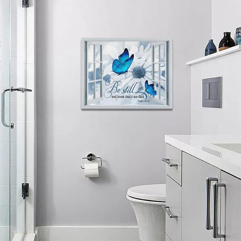 Farmhouse Blue Butterfly Flower Decor Wall Art Rustic Country Window Be Still And Know That I Am God Pictures Wall Decor Canvas Painting Prints Ar...