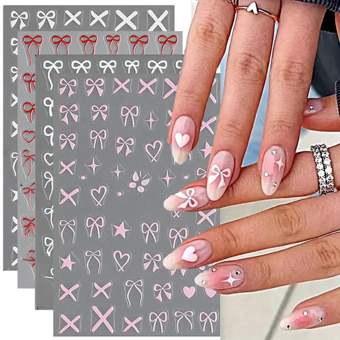 Heart Bows Nail Art Stickers Decals 4 Pcs White Red Pink Bow Tie Nail Design Stickers Bow Star Heart Nail Supplies Valentine's Day Nail Stickers B...