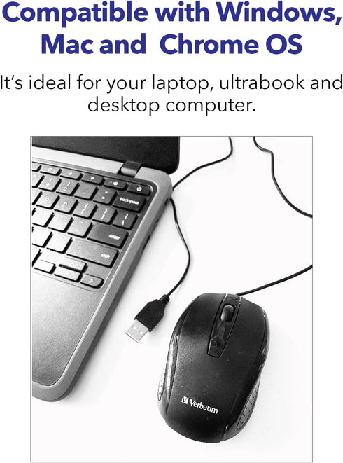 Verbatim Wired USB Computer Mouse - Corded USB Mouse for Laptops and PCs - Right or Left Hand Use, Black 98106,Glossy Black, 1.2" x 2.3" x 3.8"...