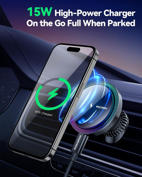 for MagSafe Car Mount Charger, Rocoren 15W Magnetic Wireless Car Charger, Magnetic Phone Holder for Car, for iPhone Car Accessories Car Phone Phon...