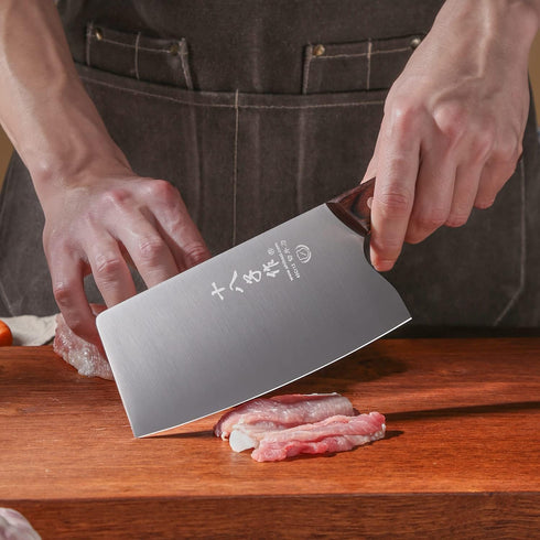 SHI BA ZI ZUO Chinese Meat Cleaver Knife 6.7-inch Meat Knife Stainless Steel Slicer Cleaver, Wooden Handle with Moderate Weight...