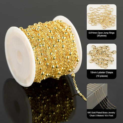 YOUBEIYEE 32.8 Feet Satellite Bead Chain for Jewelry Making 18K Gold Plated Brass Cross Chain Link Jewelry Chain Roll with Jump Rings and Lobster ...