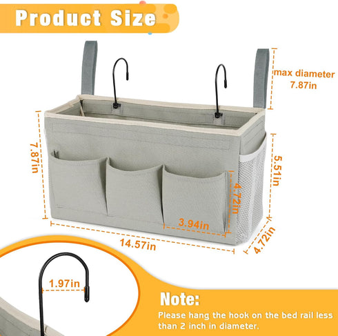 Bedside Storage Organizer with Fixed Straps and Water Bottle Holder for Home, College, Dorm, Bunk / Hospital Bed, Crib Bed Rails (Grey)...