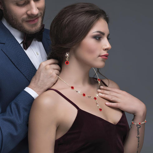 Yolev 3Pcs Set Red Rose Jewelry - Rose Flower Pendant Necklace, Bracelet Dangle Earrings.Bracelet Flower Jewelry Dangle Earrings Set For Valentine...