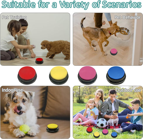 4 Recordable Buttons with Rubber Mat and 25 Stickers - Record and Playback Any Custom Message to Teach Your Dog Voice What They Want...