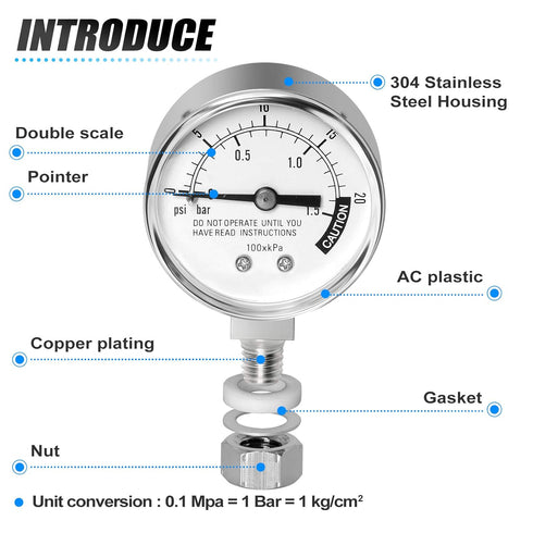 MEANLIN MEASURE Stainless steel pressure cooker gauge,0-20Psi 2" DIAL FACE 3/8" UNC steam pressure gauge?Pressure tank table (includes washer, was...