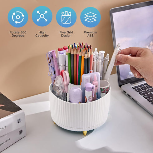 Pen Holder for Desk, Pencil Holder,5 Slots 360° Degree Rotating Desk Organizers and Accessories, Cute Pen Cup Pot for Office, School, Home, Art Su...