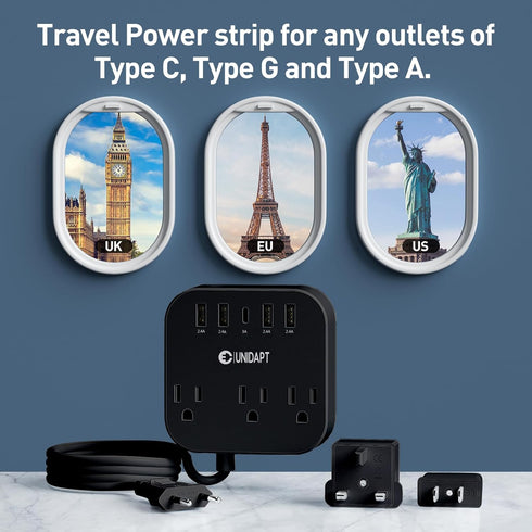 European Plug Adapter, Unidapt US to UK Europe Power Strip for EU/UK/US with USB C and 4 USB Ports, 3 AC Outlets, Wall Mountable, 5ft Extension Co...