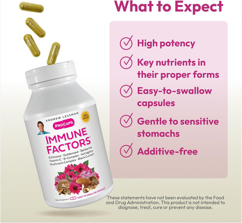 ANDREW LESSMAN Immune Factors 60 Capsules - Echinacea, Goldenseal, Vitamin C, Astragalus, Berberine, Mushroom Blend, Black Currant. Supports and P...