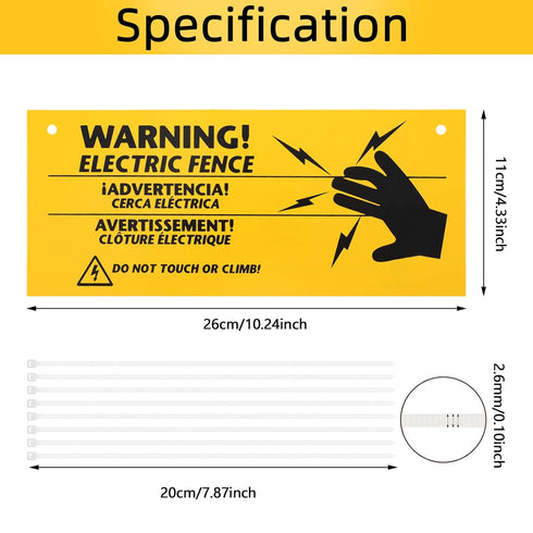 6 Pieces Electric Fence Warning Signs with 12 Pieces Zip Ties 10 x 4 Inch Yellow Caution Electric Signs, Plastic Fence Safe Caution Warning Sign f...
