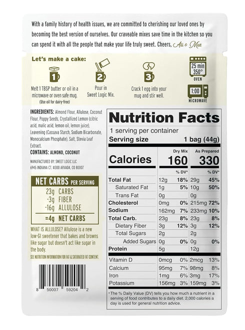 Sweet Logic Keto Dessert Mug Cake Mixes - Lemon Poppyseed - Low Sugar - Gluten-Free - Low Carb - Diabetic-Friendly Sweets - Natural Ingredients - ...