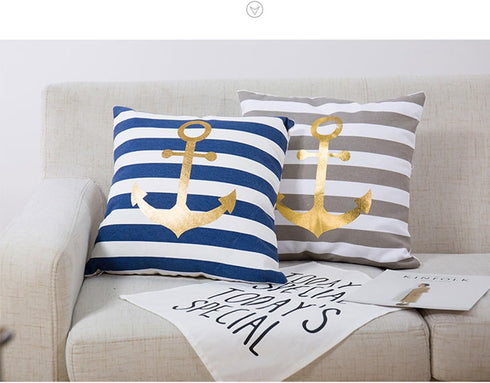 Nautical Decorative Pillow Cover, Stripes and Gold Anchor Pattern 18X18 (Navy Stripes)...
