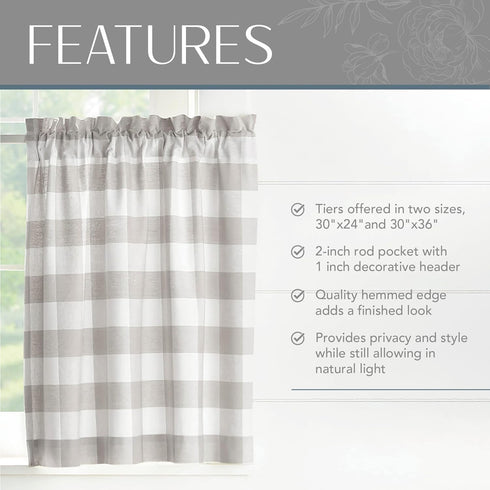 Elrene Home Fashions Farmhouse Living Buffalo-Check Tier Curtain Set for Bathroom or Kitchen Curtains, 30" x 24"(Set of 2 Tiers), Gray/White...