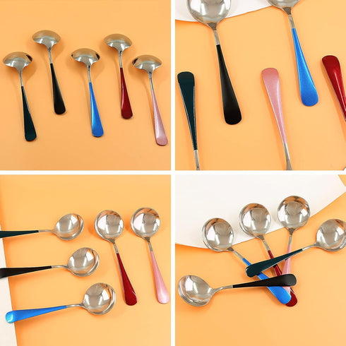 Soup Spoons Stainless Steel, Colourful Round Spoons Modern Thick Short handle Korean Dinner Spoons, Sliver Metal Spoon for Soup, Dessert, Grain, C...