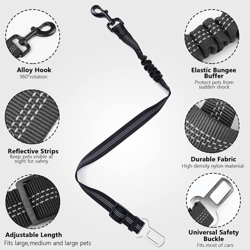 Dog Seat Belts for Car, Adjustable Nylon Restraint Car Seat Belt for Dog, Strong Dog Car Safety Harness with Elastic Bungee Buffer, 360 Degree Swi...