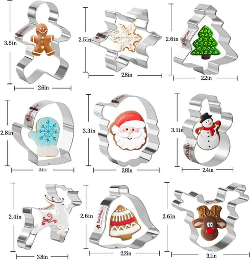 Christmas Cookie Cutters Set of 9 - Star Tree Angel Bell Stocking & More Shapes Stainless Steel...