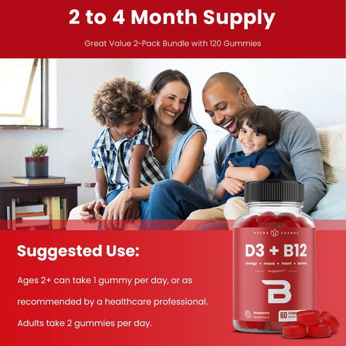 Vitamin D3 & Vitamin B12 | Methyl B12 Gummies for Adults & Kids | Enhanced with Vitamin D 3 & B9 Vitamin Folate | Natural Energy, Mood, Metabolism...