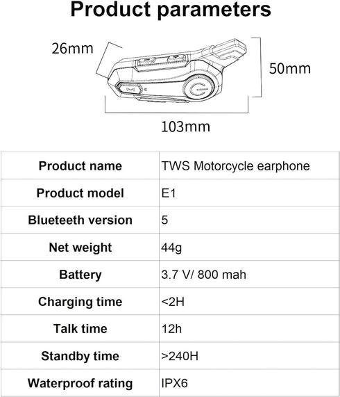 Motorcycle Bluetooth Headset E1 2 Riders Wireless Dirt Bike Helmet Intercom with CVC Noise Cancellation Stereo Music IPX6 Waterproof for Half/Open...