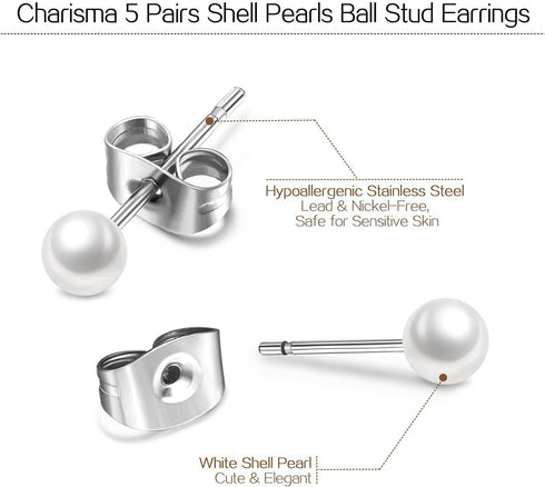 Charisma 3-7mm Composite Pearl Earrings Round Ball Pearls Stud Earrings Hypoallergenic 5 Pairs Mixed Sizes Imitation Pearl Earrings Set for Women...