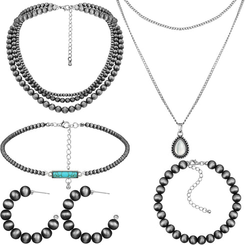 Kigeli 5 Pcs Navajo Pearl Jewelry Set Navajo Pearl Necklace Earring and Bracelets Vintage Multilayer Pearl Necklace Western Style Choker Silver Dr...