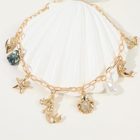 Gold Ocean Charm Necklace for Women Hawaii Chain Necklace with Cute Dangle Mermaid Shell Pearl Starfish Conch Dolphin Ship Anchor Sea Pendant Adju...