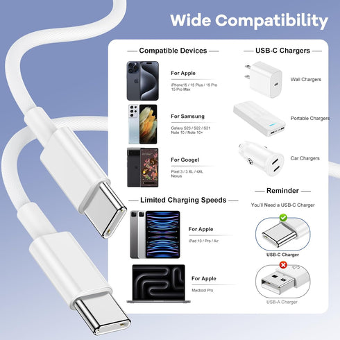 USB C Cable for iPhone 15 Charger Cord 6FT 3 Pack, 60W Woven USB C to C Cable Replacement for iPhone 15 Plus/15 Pro Max, MacBook Pro 2021/2020,iPa...