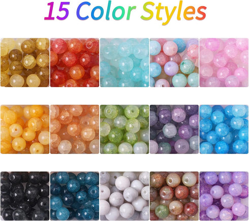Round Glass Beads for Jewelry Making,8mm Crackle Glass Beads 15 Colors Smooth Crystal Beads Bracelet Making Kits with Elastic Thread for Bracelets...
