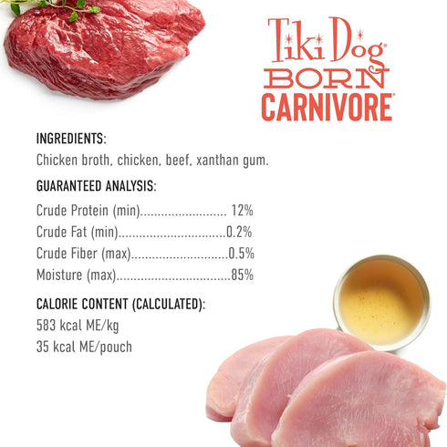 Tiki Dog Born Carnivore Protein Booster Dog Food Topper, Chicken and Beef Recipe in Broth, 2.1 oz. Pouch (12 Count)...