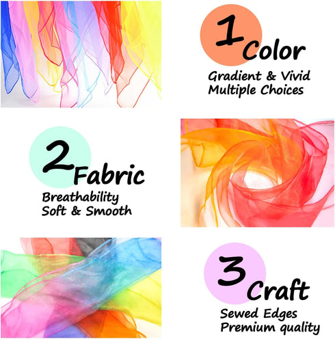 Novelty Place 12 Pcs Dance and Juggling Scarves - Gradient Colors Silk Square Scarf with Hemmed Edges - Easy Clean Ideal Performance Props Accesso...