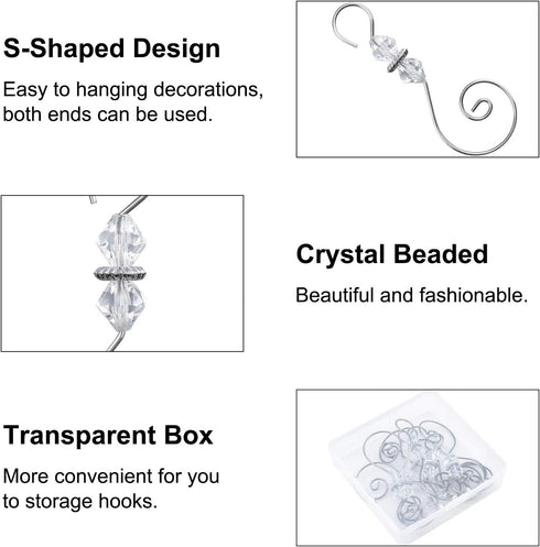 INCREWAY Ornament Hooks, 30 PCS Silver S-Shaped Hangers Hook Swirl Christmas Tree Hanger Metal Hooks with Crystal Beaded...