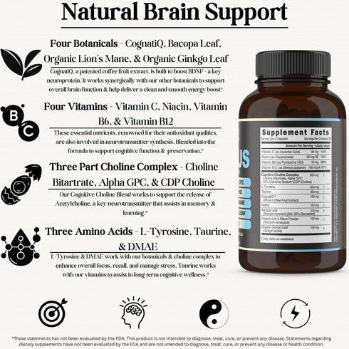 Focus 14-in-1 Nootropic Brain Supplement with Lions Mane, Alpha GPC Choline, Vitamin C & B12, Taurine, Bacopa - Energy, Cognitive, Memory Support,...