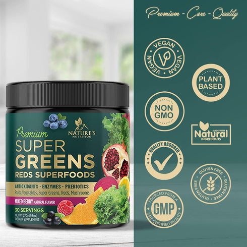 Super Greens Powder Smoothie Mix - Green Whole Food Blend Supports Energy & Gut Health with Spirulina, Chlorella, Mushrooms, Vegetables, Digestive...