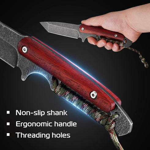 8.58 inch outdoor straight blade, full handle fixed blade, wooden handle hunting knife with sheath, used for camping, hiking, and survival...