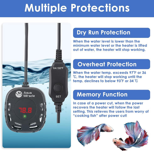 AquaMiracle Adjustable 50W Mini Aquarium Heater Submersible Fish Tank Heater Turtle Tank Heater Small Aquarium Heater, with LED Digital Display, f...
