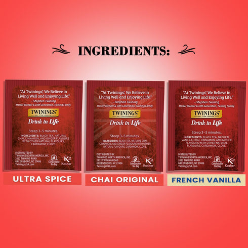 Twinings Chai Tea Variety 3-Pack – Chai, Ultra Spice Chai, and French Vanilla Chai, Caffeinated Black Tea Bags, 20 Count Each...