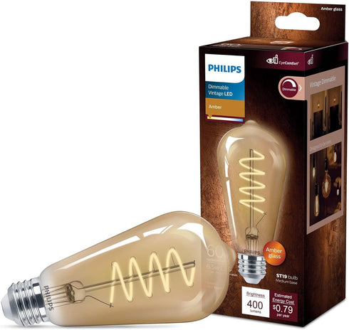 Philips LED Vintage Flicker-Free Amber Spiral ST19 Dimmable, Eyecomfort Technology, 400 Lumen, Amber Light(2000K), 6.5W=60W, Title 20 Certified, E...