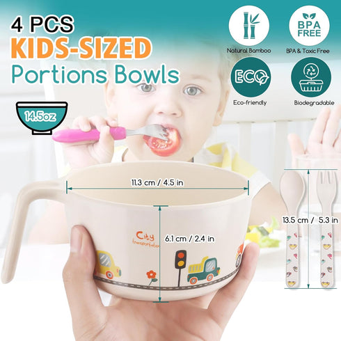 shopwithgreen Bamboo Kids Bowls Set, 4 Reusable Small Bowls for Baby Toddlers, Dinnerware Cereal Snack Soup Rice Bowl with 4 Spoons & Forks, Dishw...