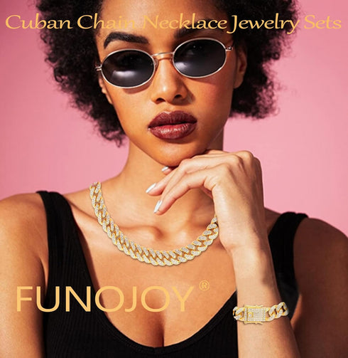FUNOJOY Cuban Link Chain Jewelry Sets for Women Rhinestone Hoop Earrings Necklace Bracelet Set Bling Diamond Hip Hop Jewelry for Women Girls...