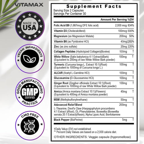 Sciatica Nerve Health Support - Sciatic Nerve Supplement Capsules with Folic Acid, Pea, Glucosamine, MSM, Vitamin B Complex, Alpha Lipoic Acid 300...