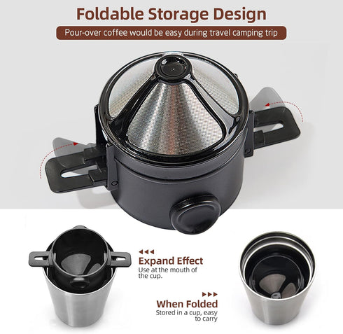 Portable Pour Over Coffee Travel Mug with Reusable Filter, 13oz Stainless Steel Vacuum Thermal Cup, Drip Coffee Tea Cup Maker Set for Camping Trip...