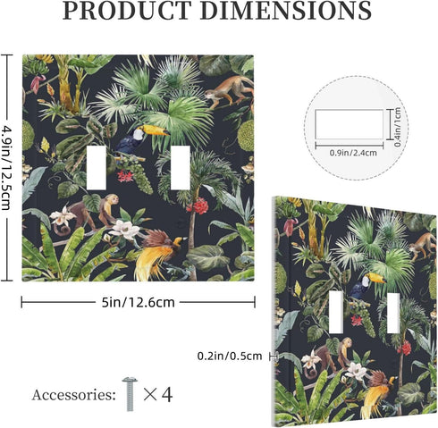 Floral Tropical Jungle Animals Double Toggle Light Switch Cover Decorative Palm Trees 2 Gang Wall Plate Electrical Faceplate for Bathroom Home Liv...