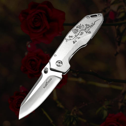 ALBATROSS 7" EDC Simple Practical Folding Knife Liner Lock Pocket Knife with 8Cr14MoV Steel Blade,Rose pattern Stainless steel Handle,Belt Clip an...