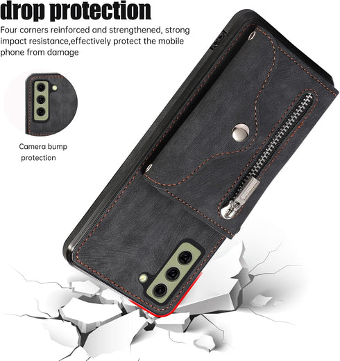 Phone Case for Samsung Galaxy S21 FE 5G Wallet Cover with Tempered Glass Screen Protector Wrist Crossbody Strap Lanyard Credit Card Holder Stand L...