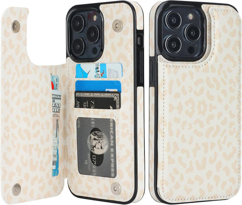 HAOPINSH for iPhone 14 Pro Max Wallet Case with Card Holder, Cream-Coloured Leopard Cheetah Back Flip Folio PU Leather Kickstand Card Slots for Wo...